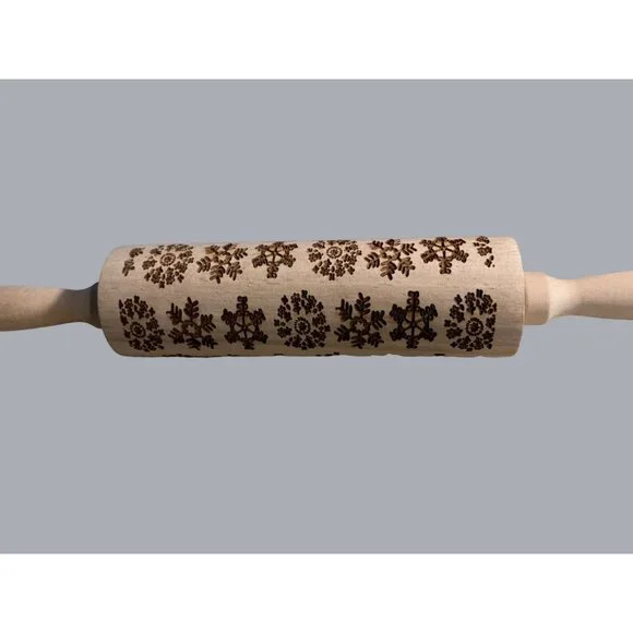 Engraved Cookie Rolling Pin Snowflake Pattern Handmade Wooden Rolling Pin - Picture 1 of 8